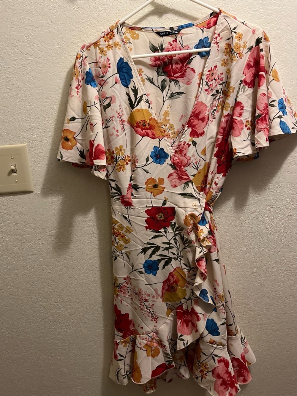 SHEIN White Floral Wrap Mini Dress with Red, Blue & Yellow Flowers